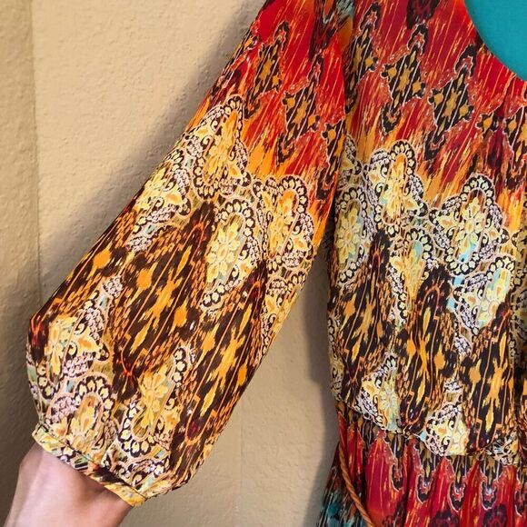 I.N. Studio Women's Sheer Dress Size 14 Ethnic Print Retro 70s Style Boho Chic - Picture 5 of 12